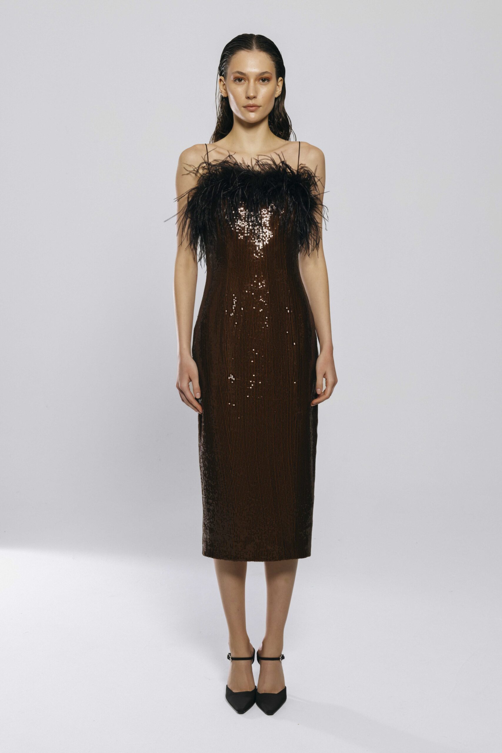 Brown Sequined Feather Dress - FILKK